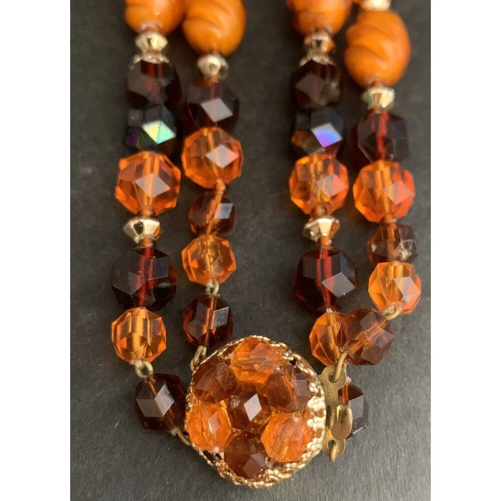 West Germany Orange Amber Fall Tone Double Strand Glass Crystal Bead Necklace - Picture 3 of 6